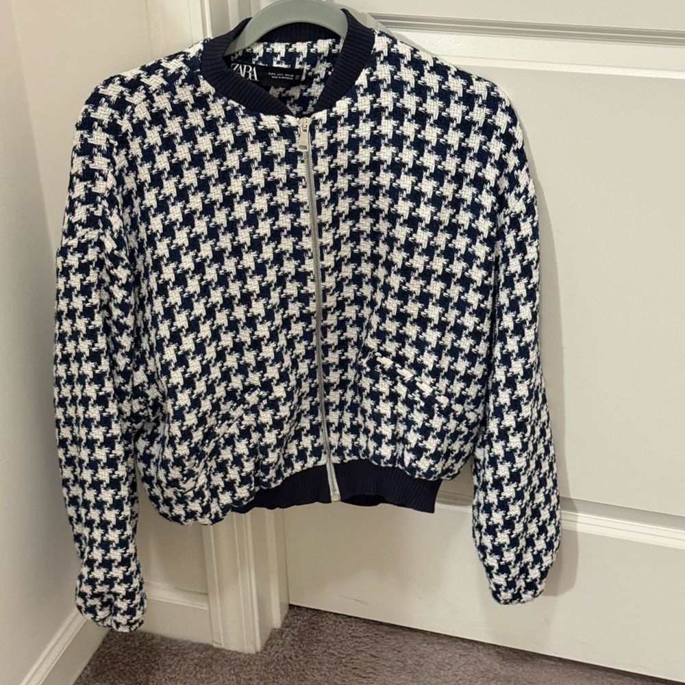 Zara Navy and White Houndstooth Bomber Jacket